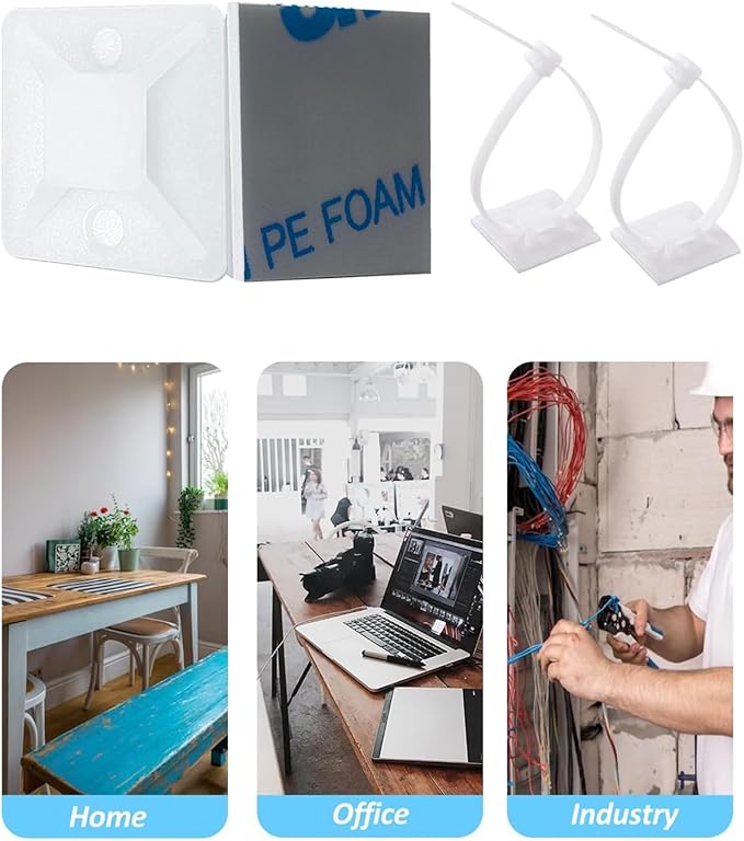 Strong Back-Glue Self Adhesive Cable Zip Tie Mounts Kit - 100 Set Cable Management Clips with 6" Zip Ties, Wire Holders - Outdoor Sticky Wire Organizer Clips - White