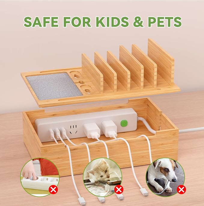 Pezin & Hulin Bamboo Charging Station-Natural, (No USB Charger and Cables) | Electronic Devices Organizer for Multiple Devices Charger Such As Cell Phone, Tablet, Watch and More