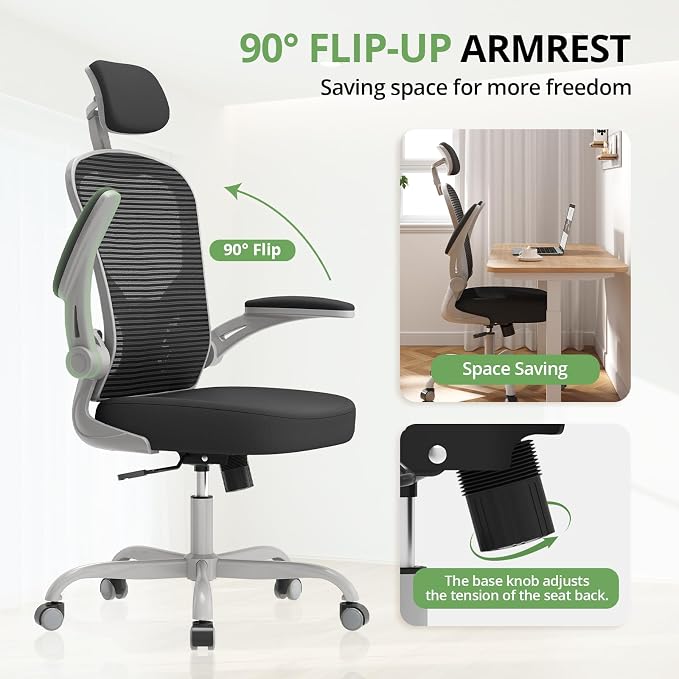 Office Chair Ergonomic Desk Chair, 330LBS Capacity, High Back Computer Design for Long Hours Comfort, Rolling Swivel for Home Office, Flip-up Armrests, Grey Black