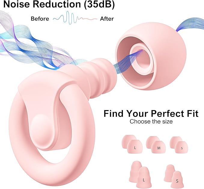 Ear Plugs for Sleeping Noise Cancelling | 2 Pairs Noise Reduction Earplugs for Sleep,Deep Focus,Snoring Blocking,Airplane, 33dB - 38dB Reusable Hearing Protection Silicone & Foam Ear Tips (Pink)