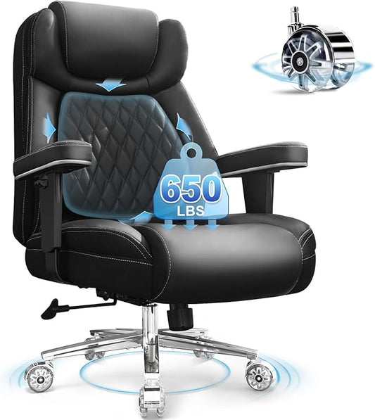 Big and Tall Office Chair 650lbs,Heavy Duty Office Chairs with Dual Rubber Wheels,Extra Wide Desk Chair,Adjustable Ergonomic Lumbar Support,High Back Rocking Computer Chair for Heavy People