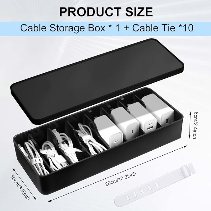 Tatuo 1 Pcs Cord Organizer for Drawer Desktop, Cable Organizer Box with 8 Compartments and Wire Ties, Plastic Charger Storage with Lid, Electronics Case for Home Office Accessories (Small,Black)