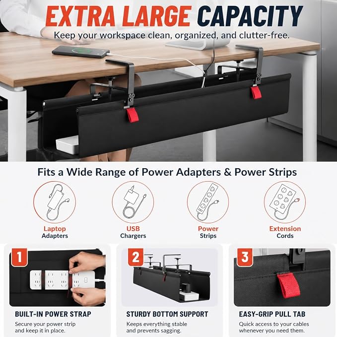 No Drill Under Desk Cable Management Tray, 90cm Cord Organizer for Table, Clamp/Screw Mount Desk Cable Management