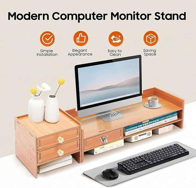 Computer Monitor Stand, Wooden Monitor Riser with Lockable Drawer and Storage, Multi Wooden Desktop Storage Stand for Laptop Printer Screen and Office Supplies Organizer, 25.2" x 7.87" x 5.33" (3 Drawer)