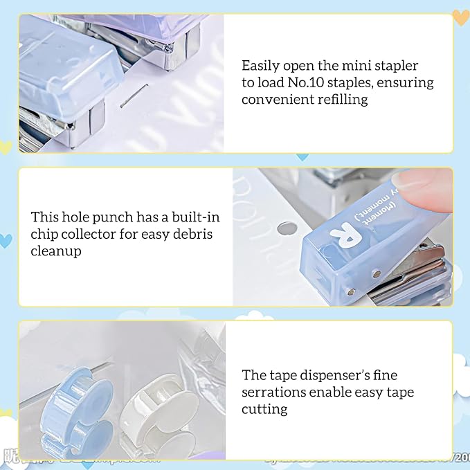 7pcs Mini Stationary Kit with Compact Scissors Hole Punch Portable Stapler Mini School Supplies Kit Blue Stapler and Tape Dispenser Set for Students Christmas Gifts (Blue)