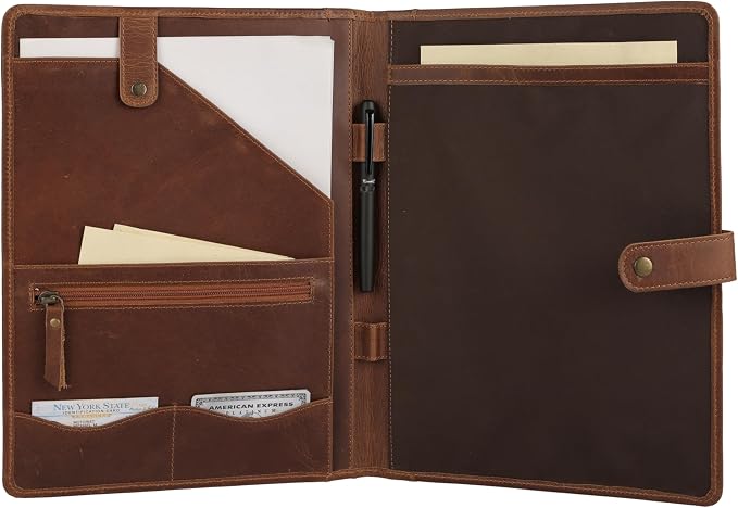 KomalC Leather Portfolio Folder with Button Closure | Business Padfolio for Professionals | Vintage Organizer with Legal Pad Holder, Card Slots & Document Pockets (Serena)