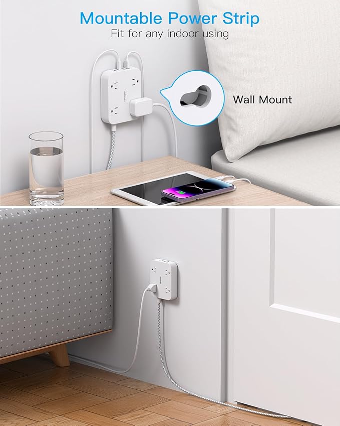 15 Ft Extension Cord, HANYCONY Ultra Thin Flat Plug Power Strip with 4 Outlets 4 USB Ports (2 USB C), Multi Plug Outlet Extender Desk Charging Station for Office Travel Dorm Room Essentials