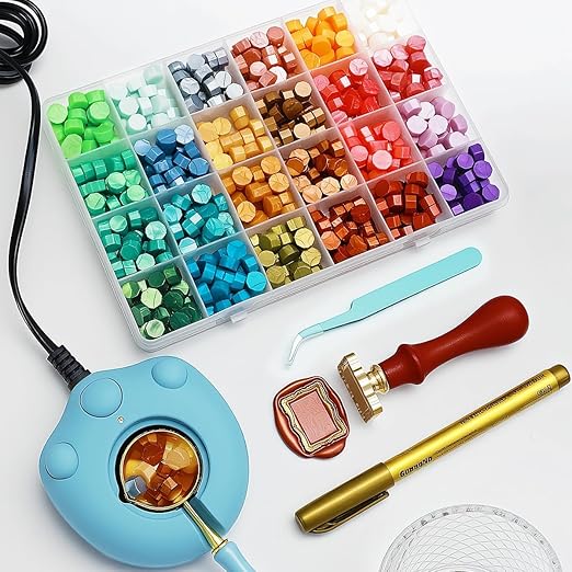 ONWINPOR Frame Wax Stamp Set, 624Pcs Sealing Stamp Beads Kit with Electric Wax Seal Warmer, 3D Embossed Frames Relief Carve Stamps Waxing, Gold Pen, Tweezer (Set02)