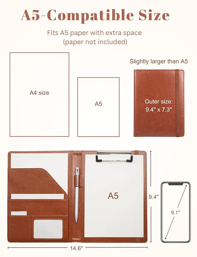 Junior Padfolio Clipboard Small for 7"x 9" Writing Pad Refillable, Mymazn Faux Leather Folder A5 for Folio Notepad 5 x 8 Junior Size Folio Portfolio (Brown)
