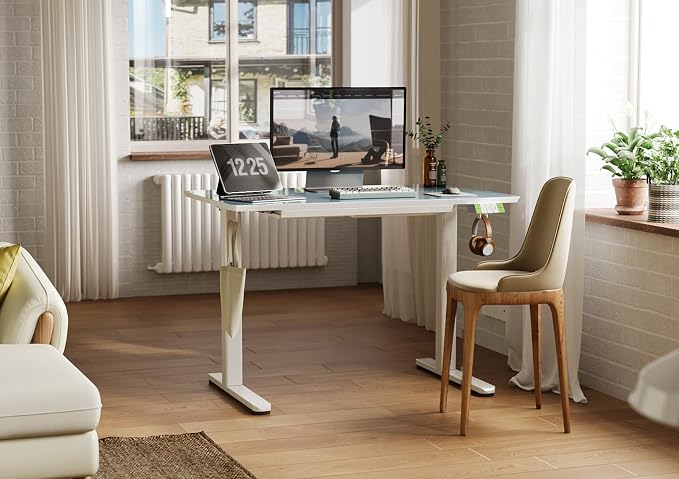 INNOVAR 40×24 Inch Morandi Blue Glass Standing Desk with Drawers | Tempered Glass Top, Ergonomic, Adjustable Height, Stand Up Desk,4 Memory Presets