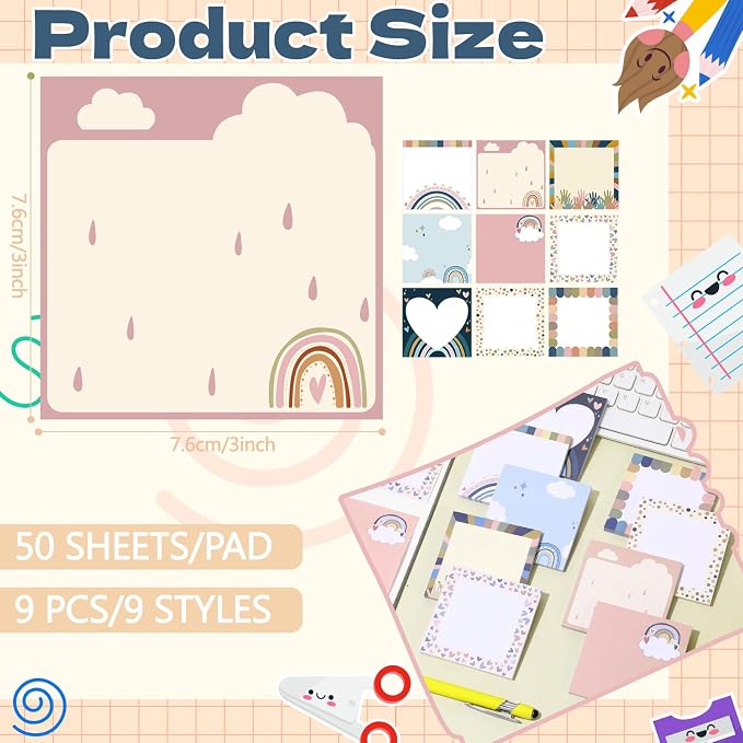 9 Pads Cute Sticky Notes Cartoon Self Stick Notepads 3x3 Inches Notes Adhesive Memo Pad Office Decor Gifts for Students School Teacher Office Meeting(Boho)