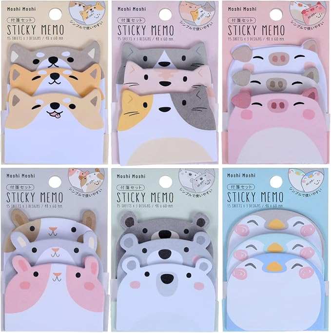 Molain Cute Sticky Notes, 6 Pack Cartoon Sticky Notes Animals Shape Markers Flags Self-Stick Memo Pads Students Home Office Roommates Gifts Tab Supplies 270 Sheets