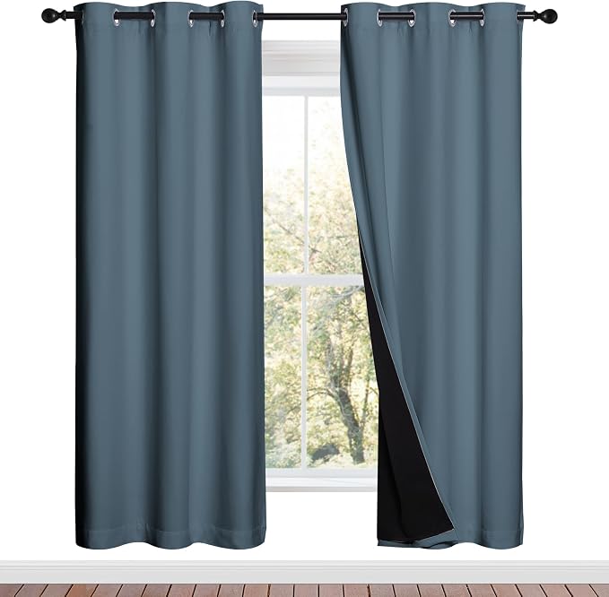 NICETOWN Smoky Blue Full Shade Curtain Panels, 37" Wide x 70" Long, Smoky Blue, Pair of Thermal Insulated & Energy Efficiency Blackout Drapes for Living Room, Lined Silky Performance Window Dressing