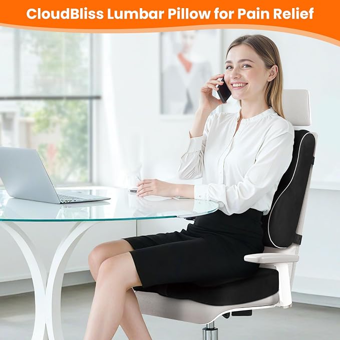 CloudBliss Lumbar Support Pillow, Memory Foam for Office Chair, Black | Ergonomic High-Density Memory Foam, Adjustable Straps, Washable Mesh Cover, Lower Back Support for Office, Gaming & Car Seat