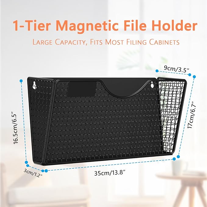 MFTEK Magnetic File Holder, 1 Pockets Magnetic File Folder Holder No Drilling Magnet Paper Mail Organizer Magazine Basket, Hanging Wall Storage Rack for Fridge Cabinets Office Classroom