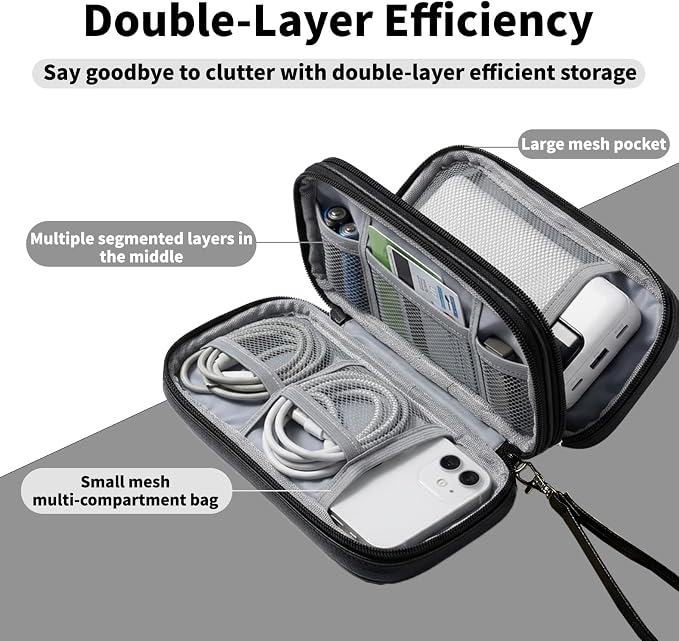 Leather Electronic Organizer Bag, Waterproof Travel Tech Pouch for Cord, Cable, Charger, Phone & Accessories (White)