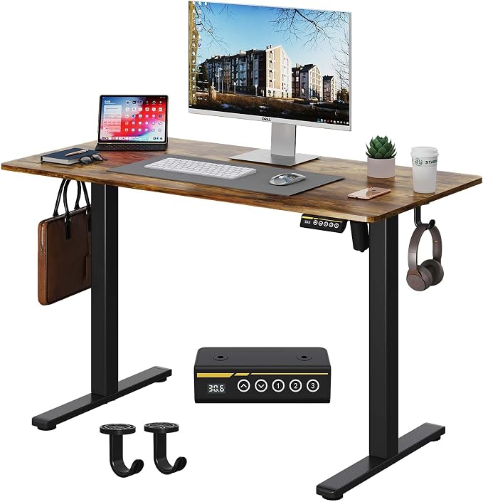 40 x 24 Inch Height Adjustable Standing Desk, 3 Presets, Brown | 40 x 24 in Desktop, 28.3–46.5 in Height, 2+3 Controls, ≤45 dB, 154 lb Capacity, 2 Hooks