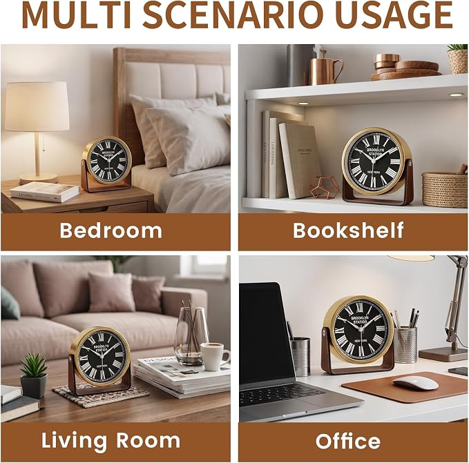Analog Alarm Clock - 4.5" Silent Non Ticking Small Clock with Light, Rotatable Stand Metal Desk Clock Battery Operated, Simple Design for Living Room Decor/ Bedroom/Bedside/Shelf (Gold & Brown)