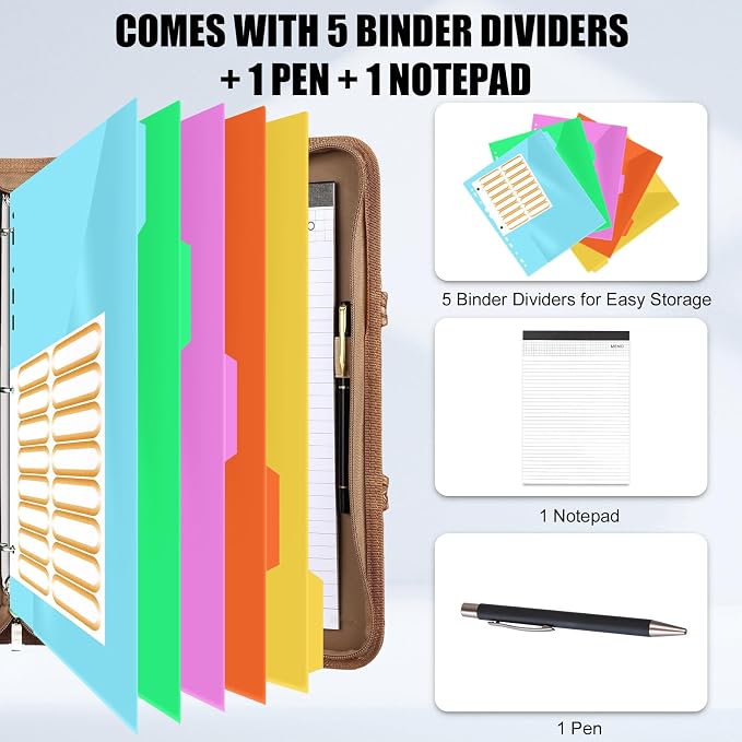 Portfolio Binder - 3 Ring Binder with Magnetic Handle, Vegan Leather Business Padfolio Folder with Notepad, Includes 5 Dividers with 10 Pockets for Documents Files