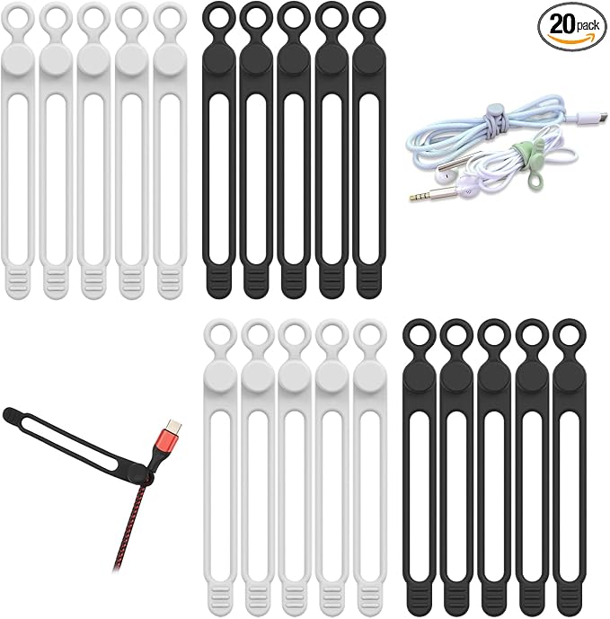 20Pcs UMUST Silicone Cable Ties, Cable Management Cord Organizer WhiteBlack | Reusable Cord Ties, Cable Strap Tie for Bundling Electronics Wire,Home Office Travel Essentials Accessories 4.2inch