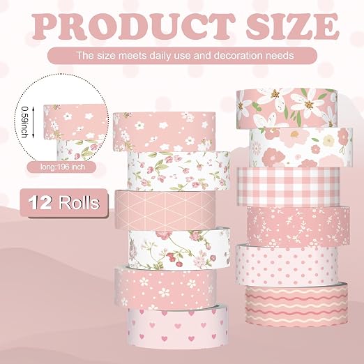 12 Rolls Watercolor Floral Washi Tape Set 15 mm Vintage Flower Decorative Masking Tape for Summer School Arts DIY Craft Scrapbook Journal Supplies Gifts(Pink,Sweet)