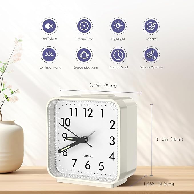 Analog Alarm Clocks, Non Ticking Table Clock with Luminous Hand & Large Display, Battery Powered Silent Bedside Alarm Clock with Night Light Function & Snooze, for Bedroom, Office (White)