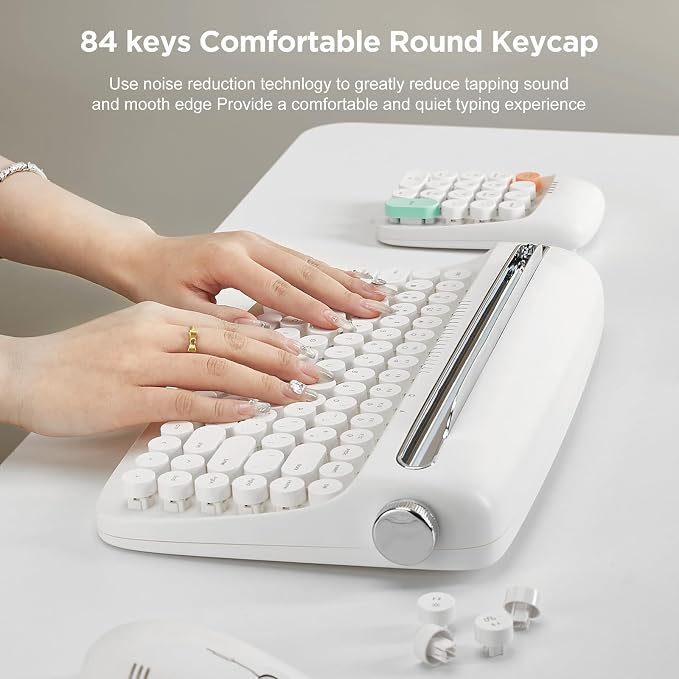 YUNZII ACTTO B303 Wireless Keyboard, Retro Bluetooth Aesthetic Typewriter Style Keyboard with Integrated Stand for Multi-Device (Snow White, B303)