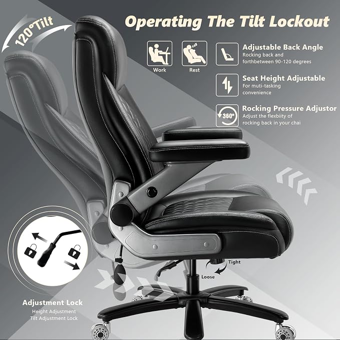650LBS Big and Tall Office Chair with 5D Flip Arms and Thick Pocket Spring Cushion, Extra Wide Heavy Duty Office Chair & Adjustable Lumbar Support, Large High Back Computer Chair Dual Rubber Wheel