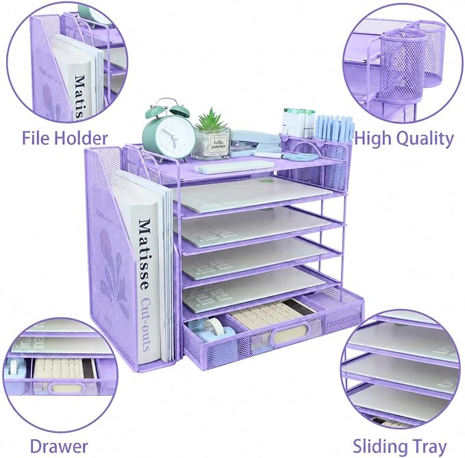 Desk Organizers and Accessories with File Holder, 6-Tier Paper Letter Tray Organiser with Drawer and 2 Pen Holder, Mesh Desktop Document Organizer for Office Supplies, Workspace - Purple