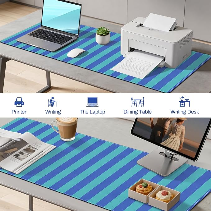 Striped Desk Mat,PU Leather Desk Pad,Extra Large Mouse Pad Table Mat for Laptop Computer, Blue Turquoise Keyboard Mat,Waterproof PU Desk Cover Mat for Office Home Deco