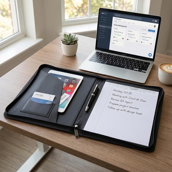 OOWOLF Padfolio Portfolio Folder, PU Leather Professional with 8.5 x 11 Letter Size Writing Pad Interview Resume Document Organizer Business Card Holder Zippered Closure
