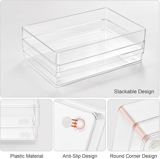 SMARTAKE 6 PCS Clear Plastic Kitchen Large Size Drawer Organizers Set | Non-Slip Desk Drawer Organizer, Bathroom Vanity Drawer Organizer Trays for Makeup, Bedroom, Office, Kitchen Utensils