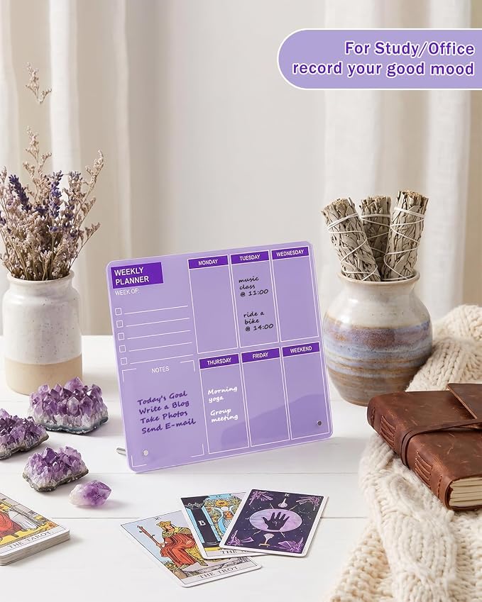 Desktop Thickened Acrylic Dry Erase Board, Weekly White Board with to Do List, Tabletop Whiteboard with Stand, Frameless Dry Erase Purple Board，9.8"x11.8" for Office, Home, School(Desktop-PUR-2530)