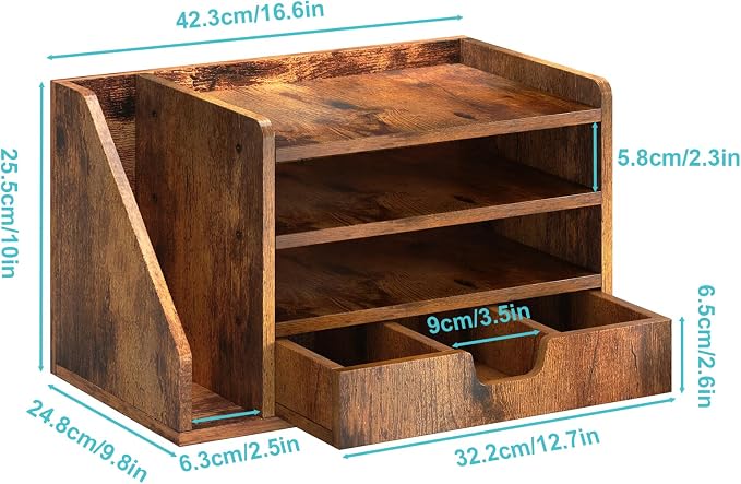 Wood Desk File Organizer with Side File Rack, Space-Efficient Design Easy to Assemble for Efficient Office Setup, Reduces Desk Clutter (Brown)
