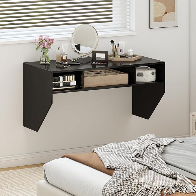 Giantex Wall Mounted Desk Floating Computer Desk, Writing Study Table W/3 Storage Shelves, Laptop PC Table for Living Room, Bedroom, Office (Black)