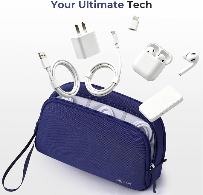 Skycase Travel Cable Organizer - Lightweight Water Resistant Dual-Layer Tech Pouch with Wrist Strap 9 Compartments Electronic Organizer Travel Case for Charger Cord Hard Drive,Small,Blue