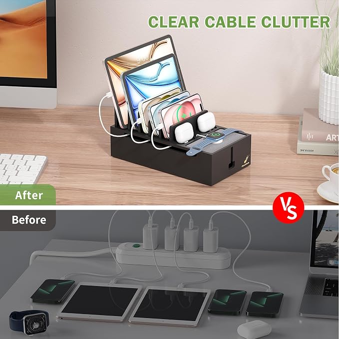 Pezin & Hulin Multi Charger Station Organizer - Black Bamboo | 5-Port HUB with 6 Cable, Cable Management Box, Cord Organizer for Desk, Wire Organizers and Storage for Cord and Power Strip