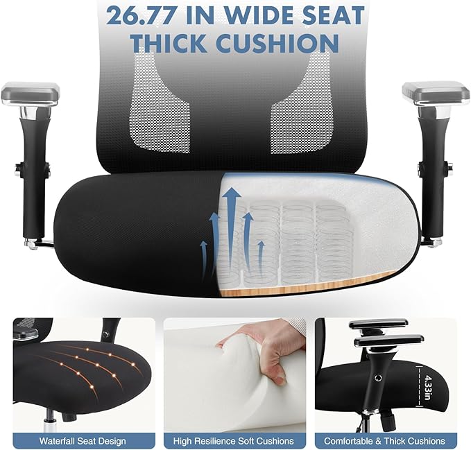 DUMOS Big and Tall Office Desk Chair with Lumbar Support, 500lbs Heavy Duty Mesh Ergonomic Computer Chair with 4D Armrest and Wide Comfy Seat, Swivel Wheels for Adult, Black