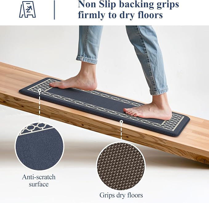 LEEVAN Anti Fatigue Kitchen Mats for Floor, Cushioned Kitchen Mat Set 2PCS | 17.3"x29"+17.3"x47", Boho Navy Blue Kitchen Rugs Non-Slip, Waterproof Ergonomic Standing Mats for Laundry, Office, Bar & Sink
