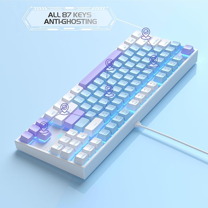 MageGee 75% Mechanical Gaming Keyboard, Blue Switch, LED Blue Backlit, 87 Keys Compact TKL Wired Keyboards for Windows Laptop PC Gamer - Blue/White