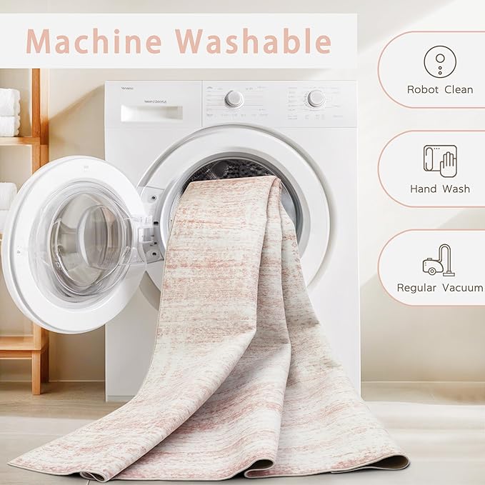 Srugn Washable Rugs 4x6 Area Rugs for Living Room,Bedroom,Kids Room,Nursery- Soft Faux Wool Small Carpets,Non Slip&Non-Shedding Low Pile Vintage Print Rugs for Enterway,Home Office Decor-Pink White