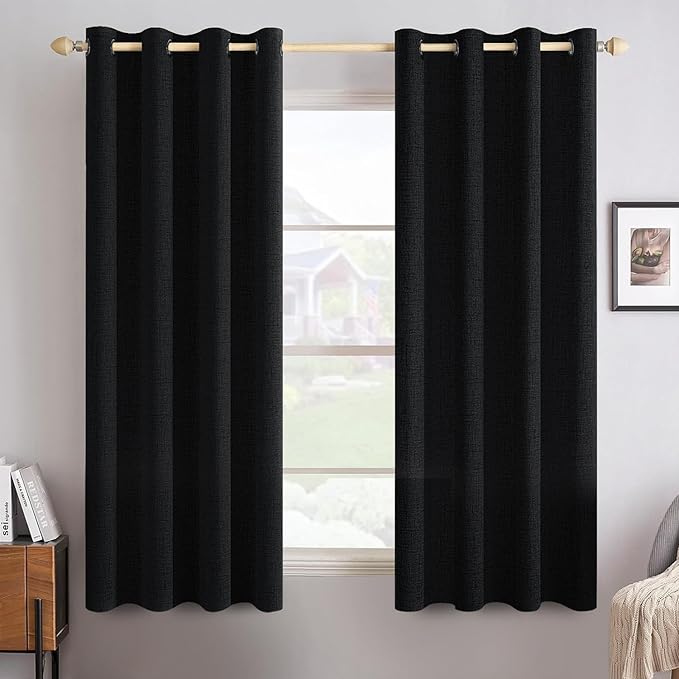 MIULEE Linen Texture Curtains for Bedroom Solid 100% Blackout Thermal Insulated Halloween Black Curtains Grommet Room Darkening Drapes for Living Room 52x63 Inch (2 Panels)