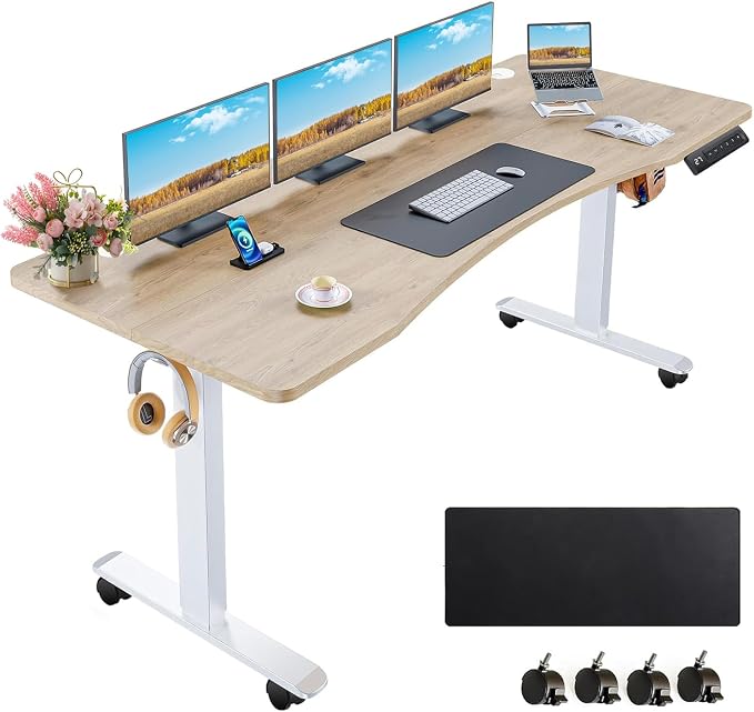 Electric Standing Desk 63 x 24 Inches Adjustable Height Ergonomic Sit Stand Up Curved Desk for Home Office Computer Desk Memory Preset with Wheels and White Frame/Oak Top