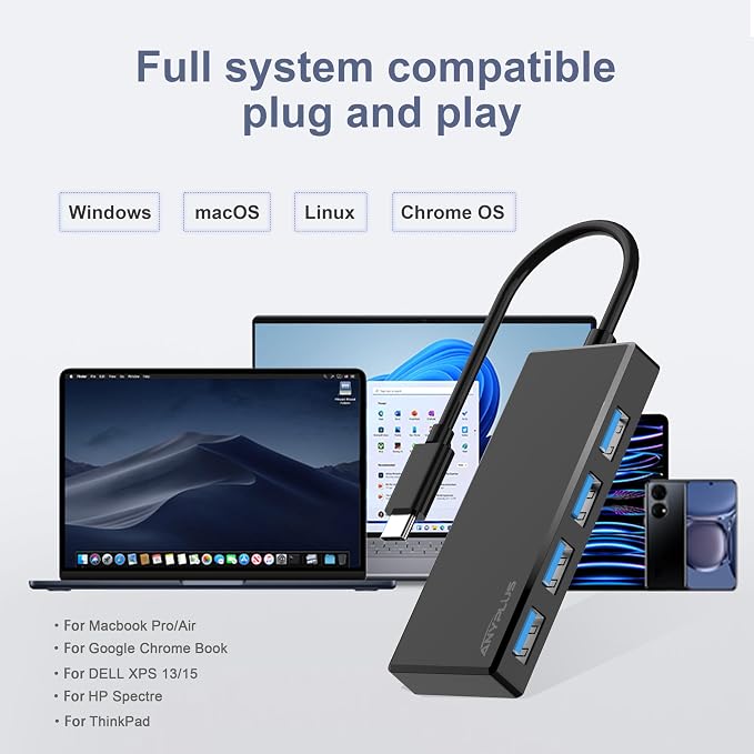 USB C Hub, 4 Ports USB 3.0 Hub Splitter with 5Gbps Data Transfer, USB C Splitter for Type C MacBook, Mac Pro, iMac, Surface, XPS, Flash Drive, Mobile HDD