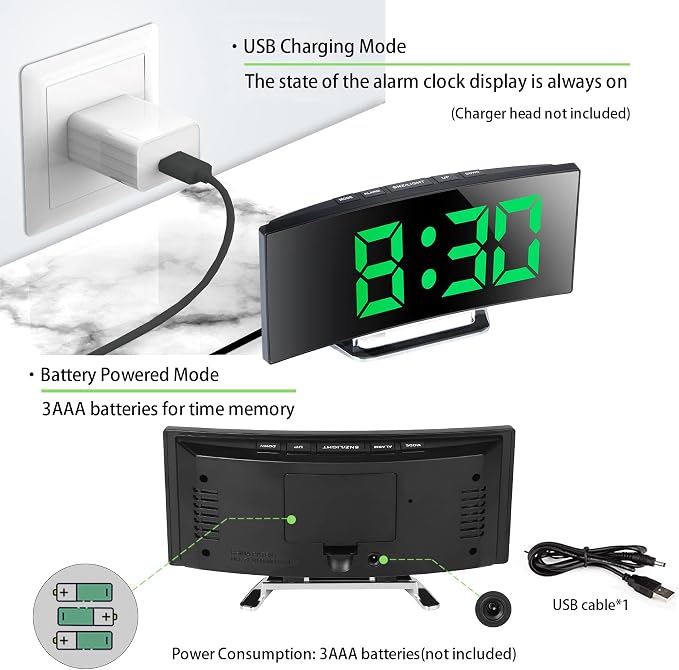 Digital Alarm Clock for Bedrooms, Bedside Mirror Clock with Modern Curved Design, 2 Brightness, 12/24H, Snooze, USB Power Supply, Power-Off Memory(Green)