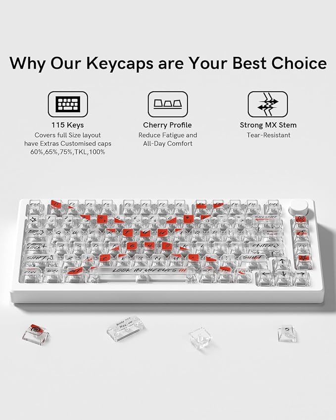 Cherry Profile Transparent Keycaps Set, Custom Keyboard Key caps 115 Keys, Shine Through Street Graffiti Style Clear Keycaps for Mechanical Keyboard, Compatible with 60% 65% 75% 98% 100% Layout