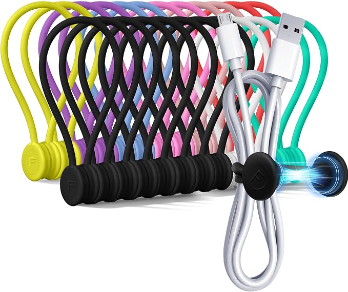COOLMI Magnetic Cable Ties 24 Pack, 6.88 Inch Reusable Silicone Cord Organizer Wraps, Magnetic Cable Straps for Charging Cords, USB Cables, Earbuds, Travel, Black & Assorted Colors