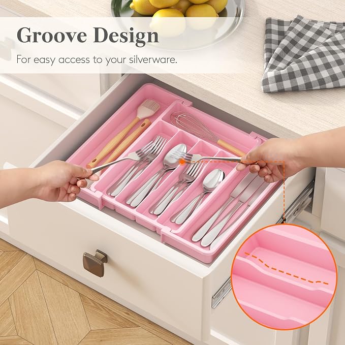 Lifewit Silverware Drawer Organizer, Expandable Utensil Tray for Kitchen, BPA Free Flatware and Cutlery Holder, Adjustable Plastic Storage for Spoons Forks Knives, 8.5"-14.1" x 12.1", Pink