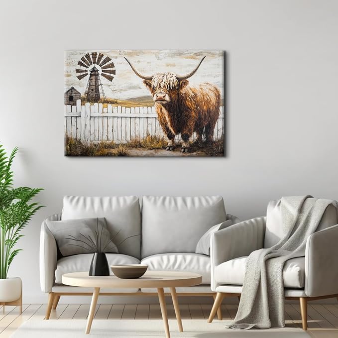 Rustic Cattle Canvas Wall Art Vintage Barn Painting Wall Decor Western Farm Longhorn Cow Pictures for Bedroom Autumn Wild Animal Poster Prints Modern Large Artwork for Living Room Decorations 32x48"