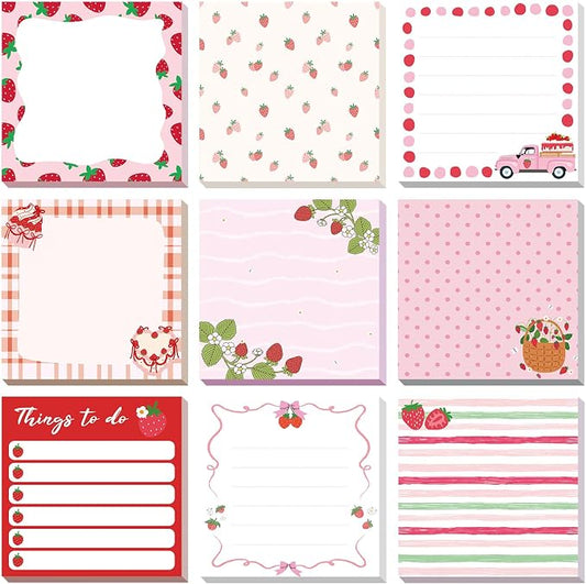 9 Pads Cute Sticky Notes Cartoon Self Stick Notepads 3x3 Inches Notes Adhesive Memo Pad Office Decor Gifts for Students School Teacher Office Meeting(Strawberry)
